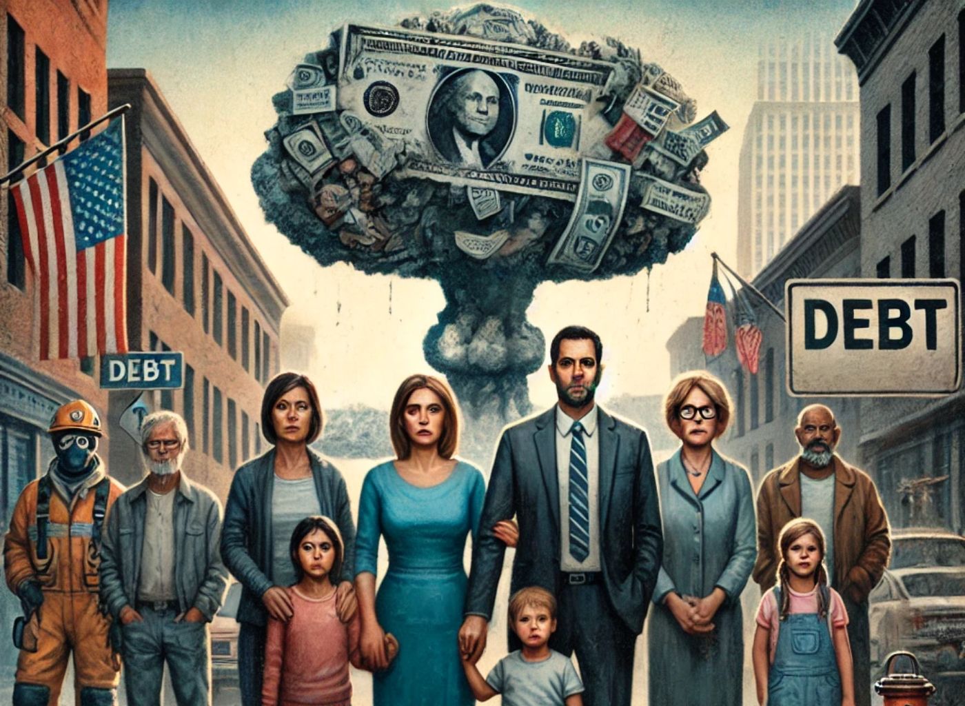 People standing in front of a mushroom cloud of money